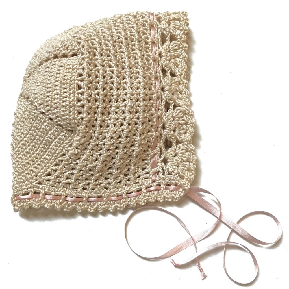 SALE!  Vintage Crocheted Baby Bonnet with Silk Ribbon